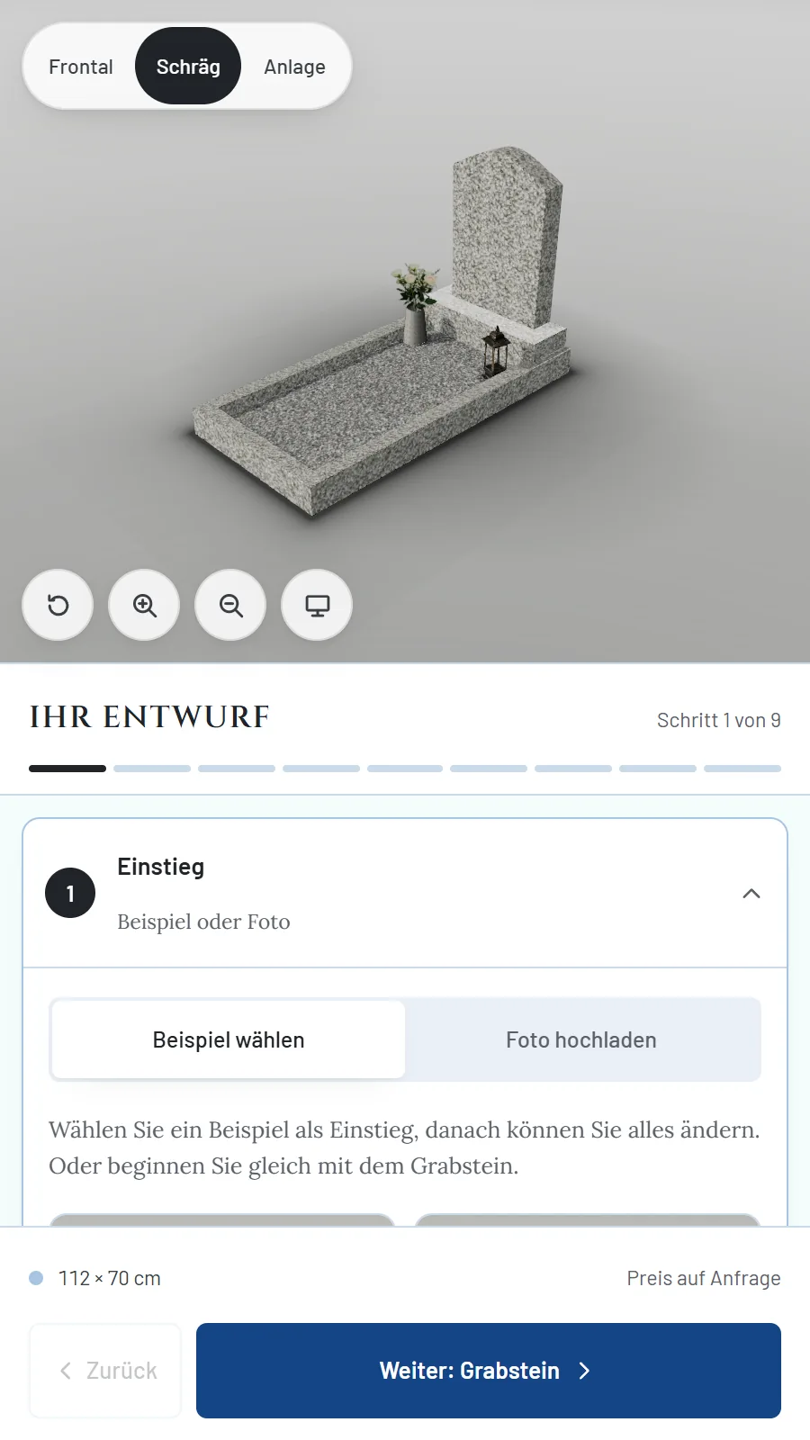 Grabstein-Konfigurator auf dem Smartphone mit 3D-Vorschau und Schritt 1 von 9